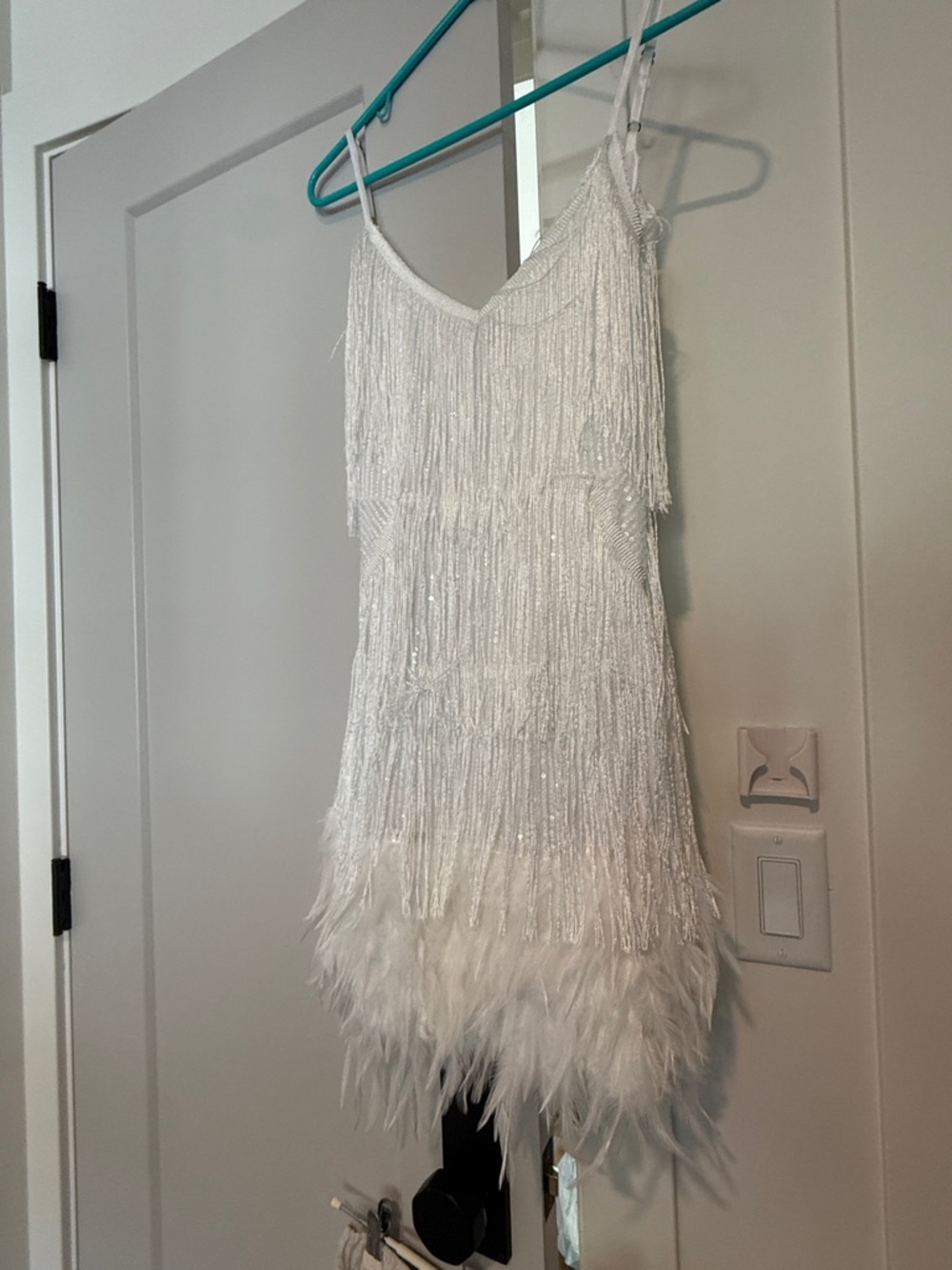 White Beaded Fringe Feather Mini Dress